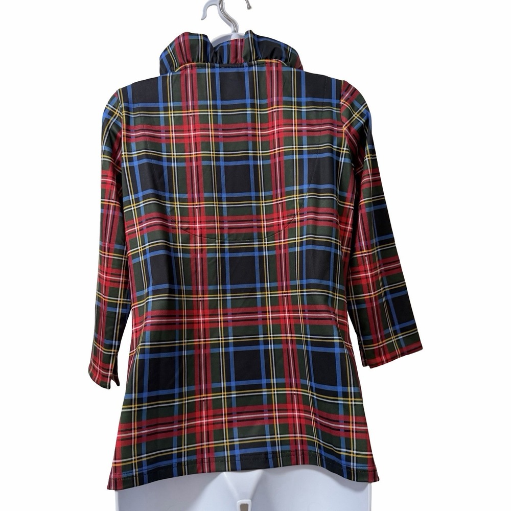 Gretchen Scott Tartan Plaid Stand Up Ruffle Neck Blouse Size S Red Holiday - Picture 2 of 6
